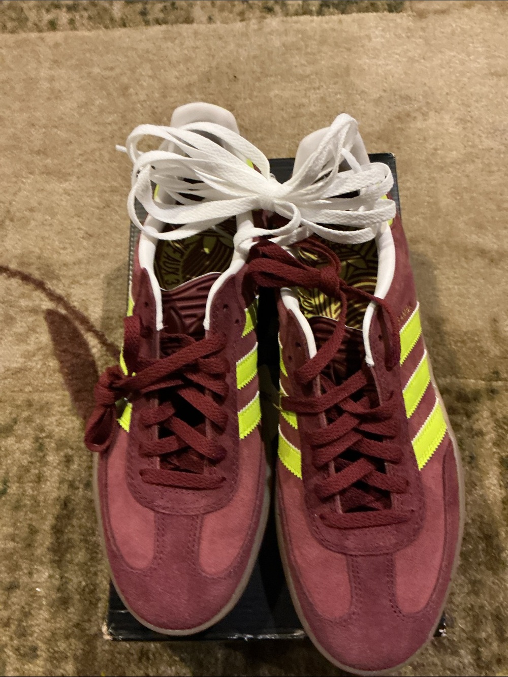 adidas puig samba  Burgundy Suede Sneakers with Neon Yellow Stripes M 9.5 W 10.5